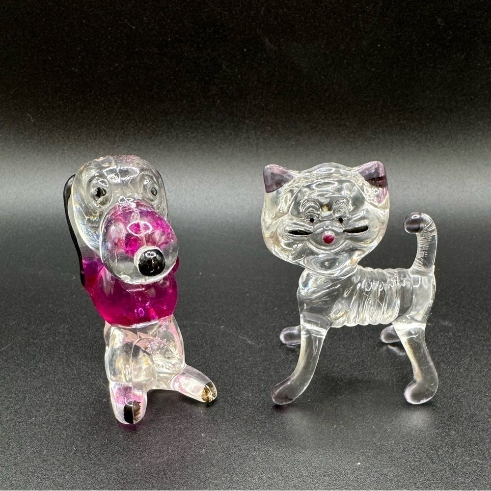Vintage Set of 2 Lucky Clover Plastic Crystal Pets Dog Cat 3” Ornaments Lucite
